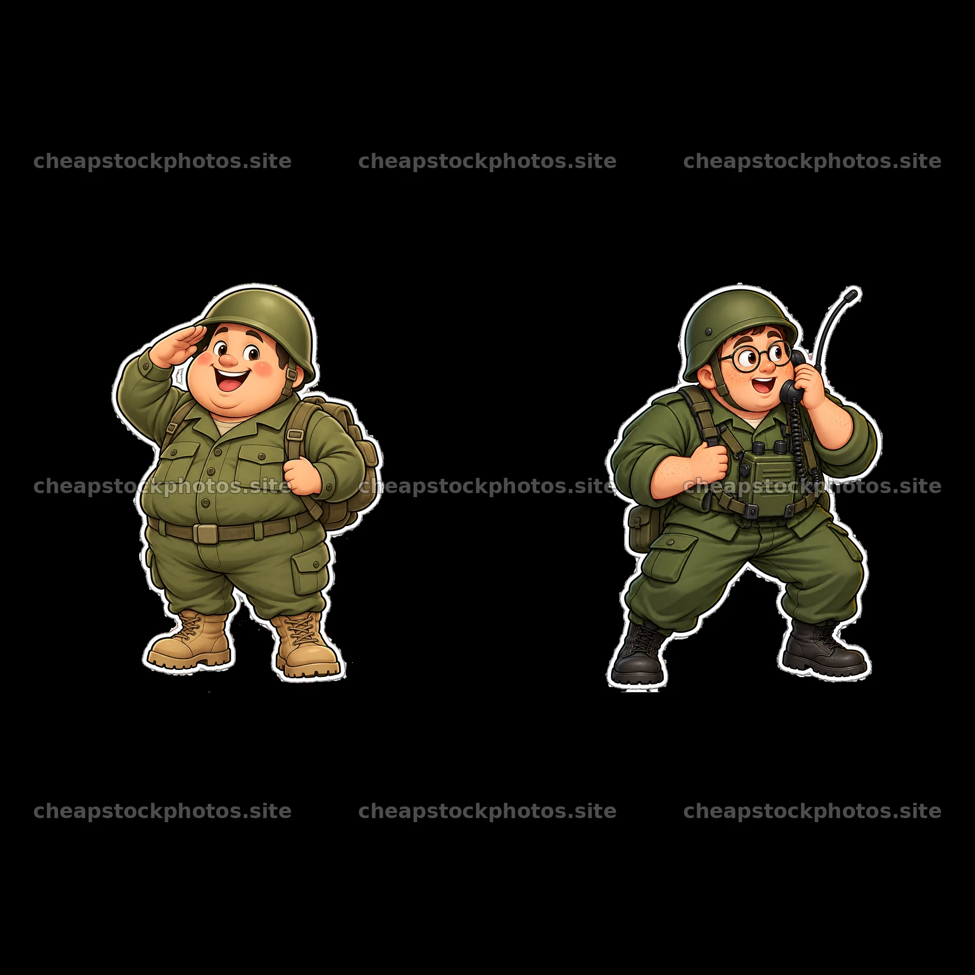 Cute ultra-chubby soldier sticker set in two playful poses – stock photos 7746x7746