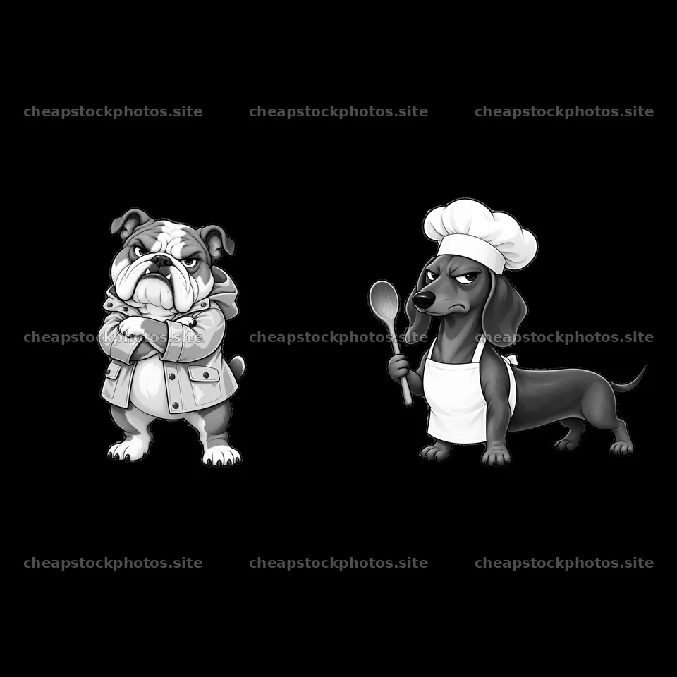 Grumpy dog wearing a coat stands next to a chef dog with spoon – stock photos 7746x7746