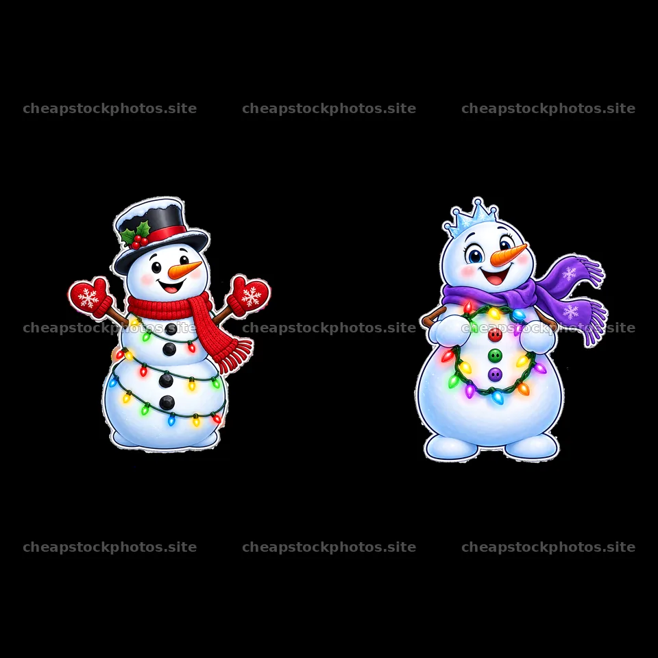 Snowman wearing a hat and scarf with string lights on the body – stock photos 7746x7746