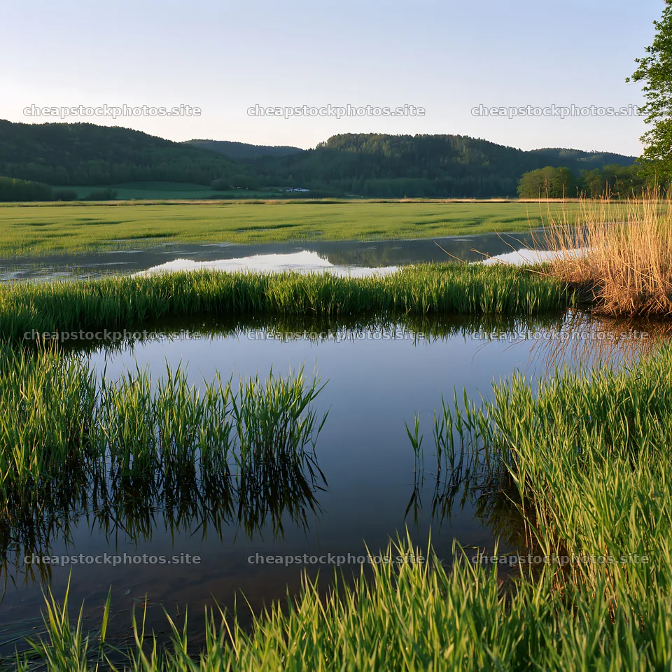 Saga floodplain meadow with reed foreground under clear sky – stock photos 7938x7938