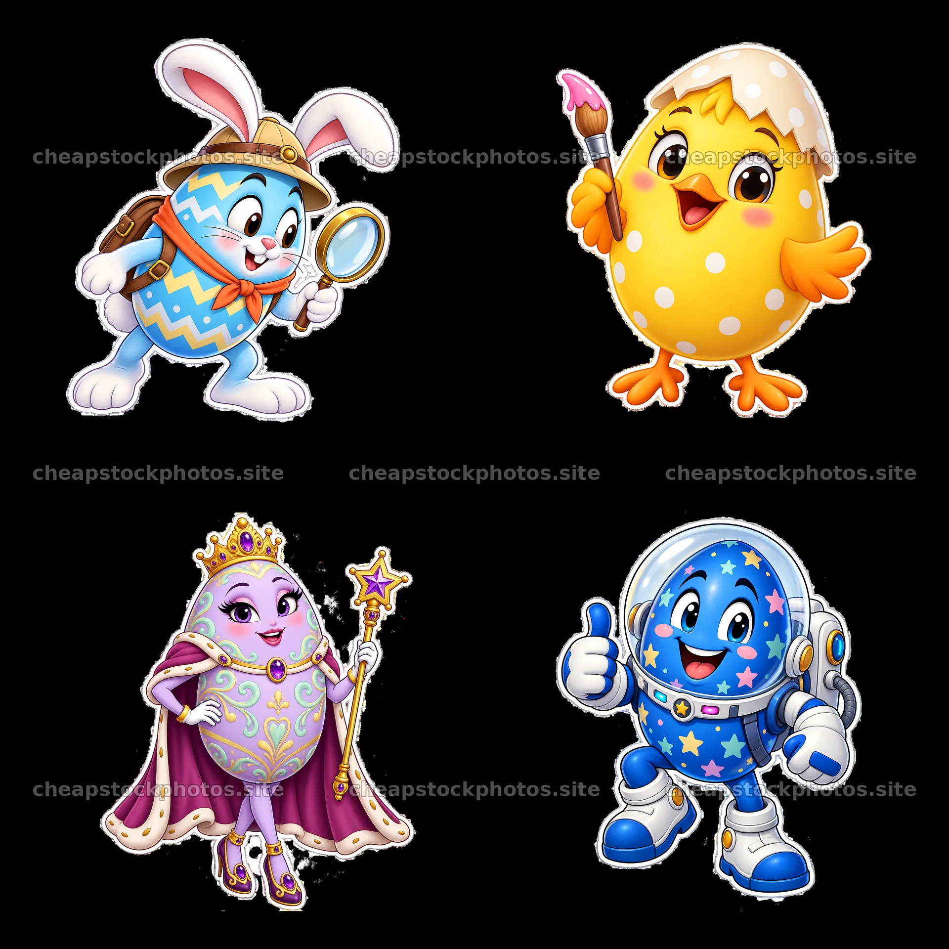 Colorful cartoon characters celebrating Easter egg festivities – stock photos 7746x7746