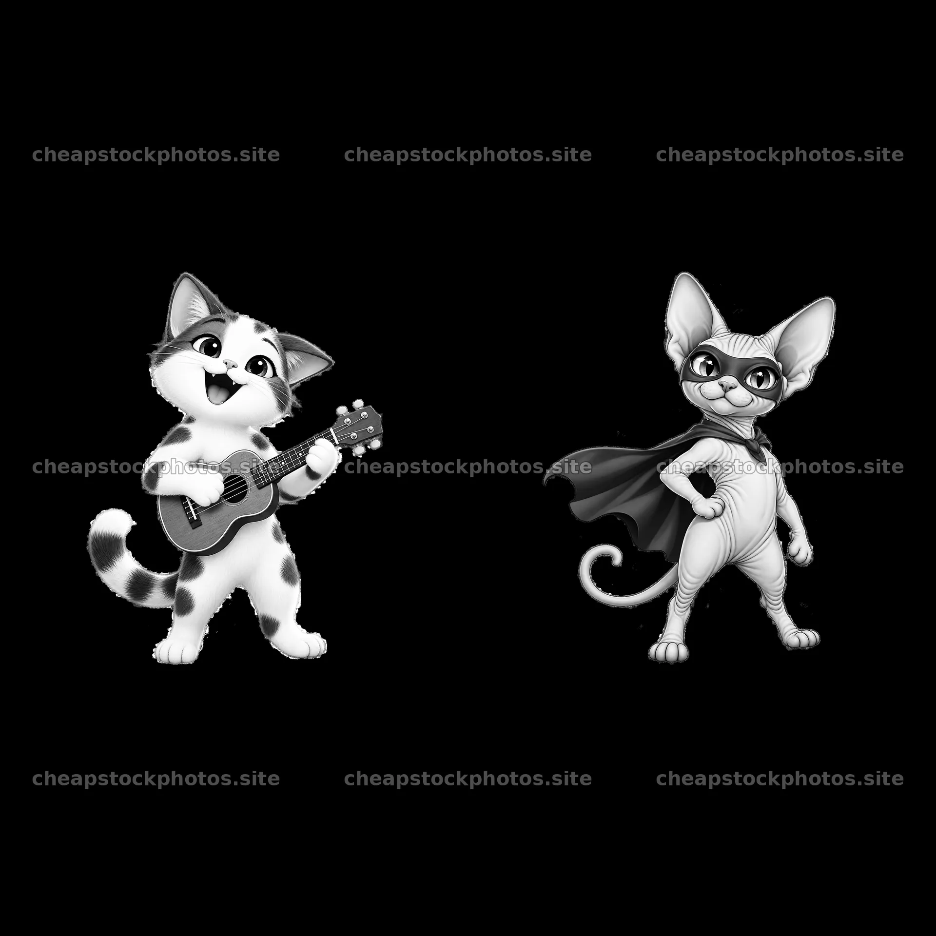 Cat characters playing music and dressed as a superhero – stock photos 7746x7746