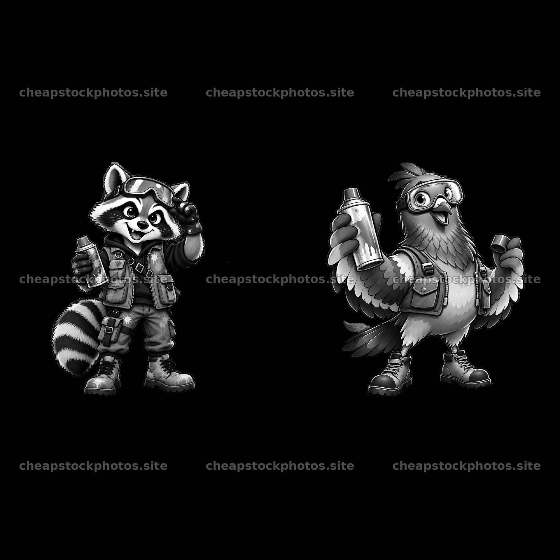 Graffiti sprayer raccoon and bird holding spray cans – stock photos 7746x7746