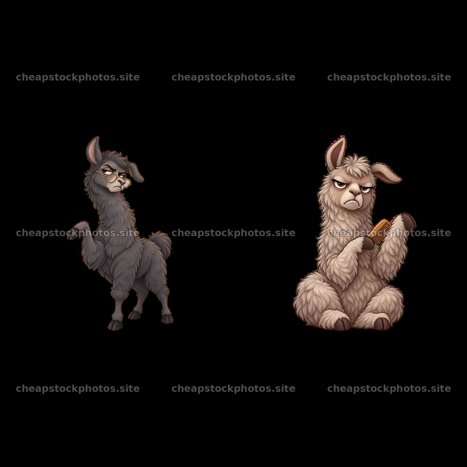 Grumpy llama characters with different expressions and actions – stock photos 7746x7746
