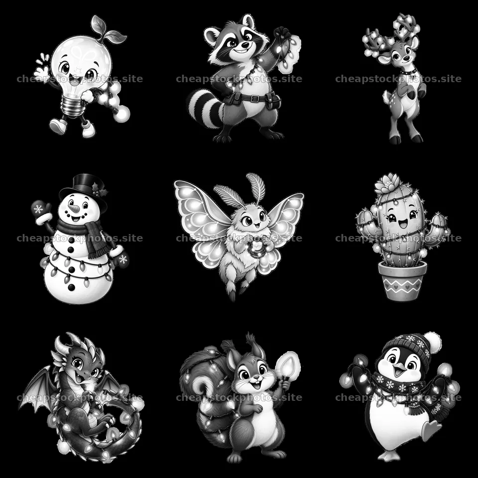 Cartoon characters holding string lights in a 3x3 grid layout – stock photos 7746x7746