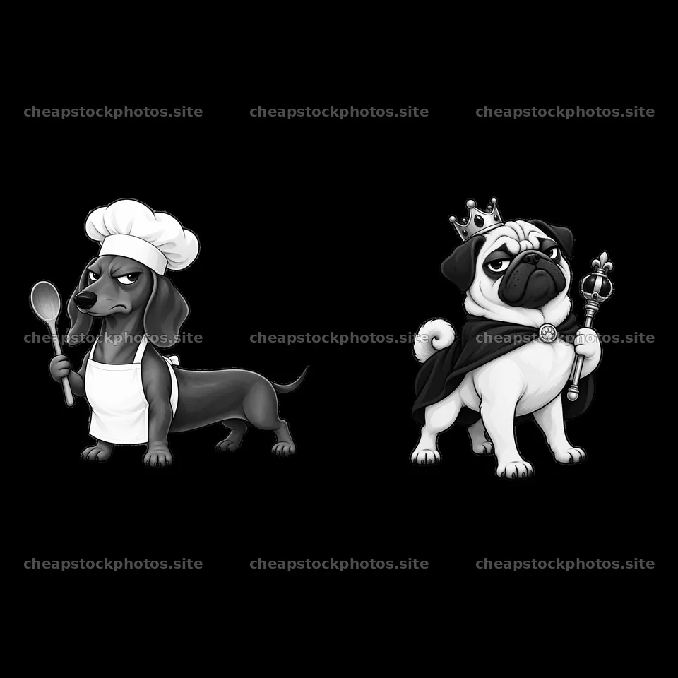 Grumpy dog chef with spoon and royal pug with crown – stock photos 7746x7746